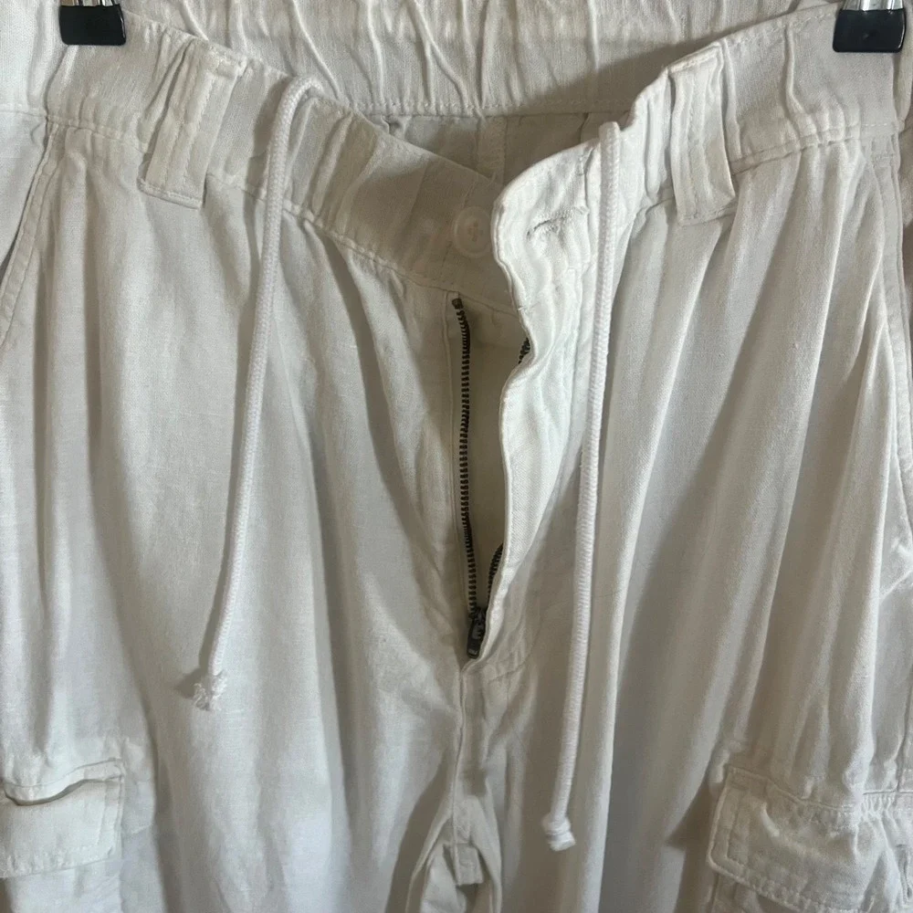 Roundtree & Yorke Pants Men 36x29 White Linen Blend Casuals Cargo Straight Resor